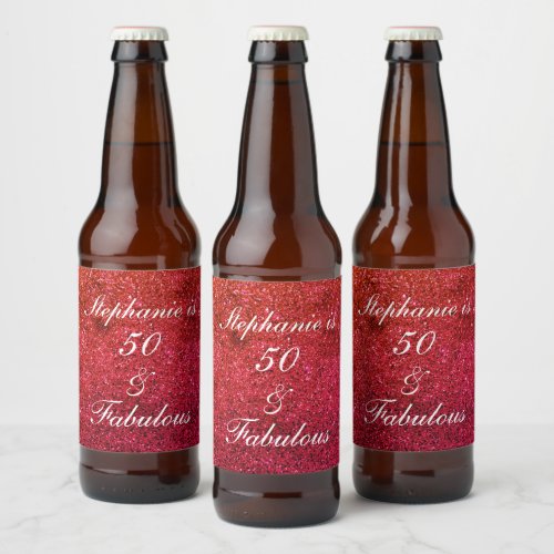 50 And Fabulous Birthday Red White Glitter Sparkly Beer Bottle Label