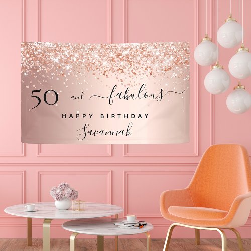 50 and Fabulous birthday rose gold blush glitter Banner