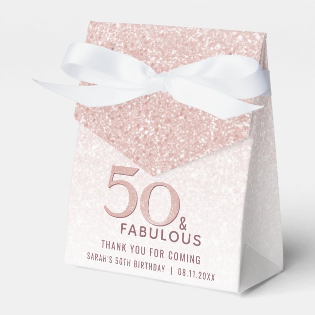50 and Fabulous Birthday Rose Gold Glitter Favor Boxes (Front Side)