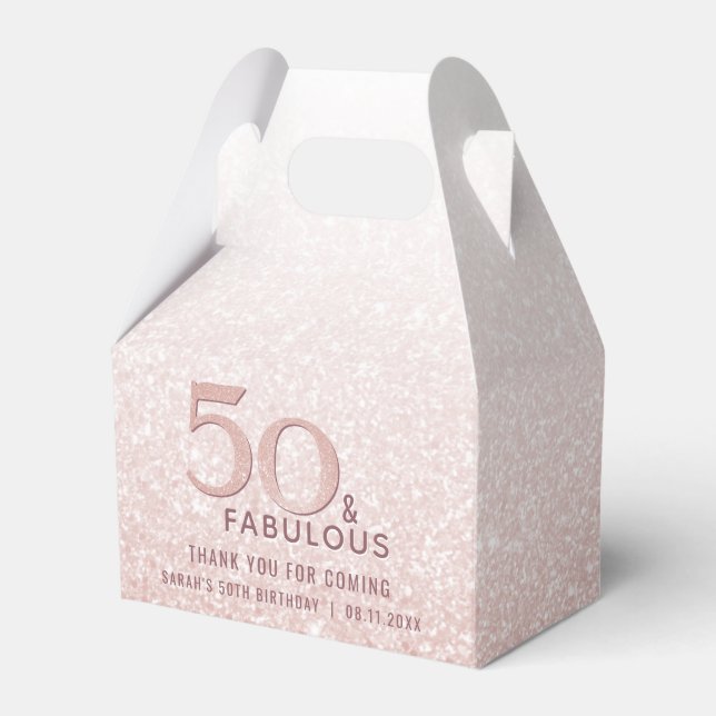 50 and Fabulous Birthday Rose Gold Glitter Favor Boxes (Front Side)