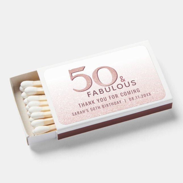 50 and Fabulous Birthday Rose Gold Glitter Matchboxes (Front Open)