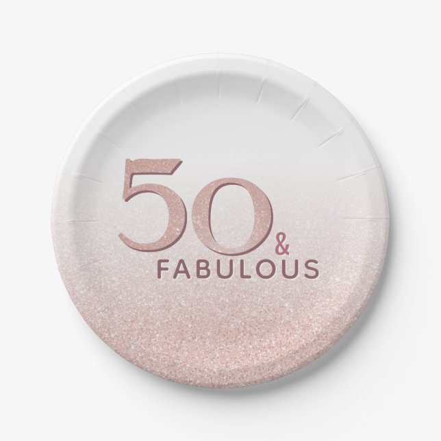 50 and Fabulous Birthday Rose Gold Glitter Paper Plates (Front)