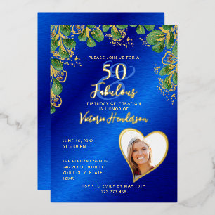 50 and Fabulous Birthday Royal Blue & Gold Foil Invitation
