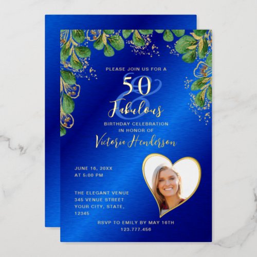 50 and Fabulous Birthday Royal Blue  Gold Foil Invitation