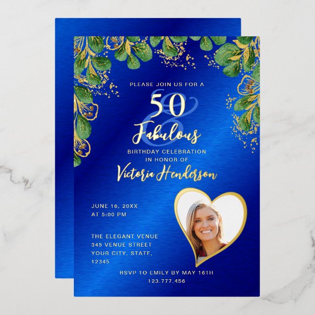 50 and Fabulous Birthday Royal Blue & Gold Foil Invitation (Front/Back)