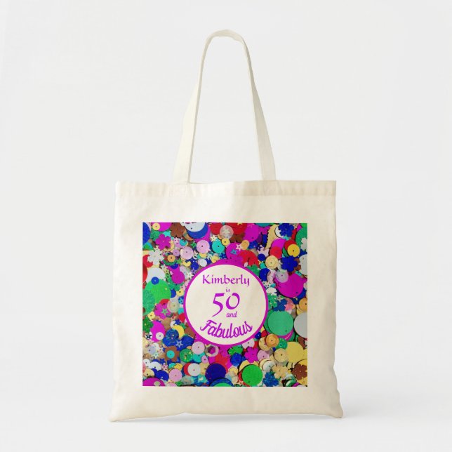 50 and Fabulous Birthday Sequin Tote Bag (Front)