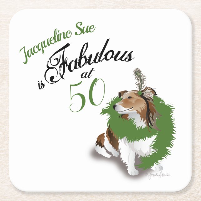 50 and Fabulous Birthday Sheltie Dog Green Square Paper Coaster (Front)