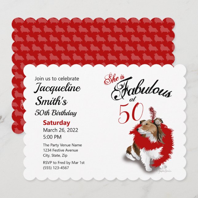 50 and Fabulous Birthday Sheltie Dog Red Invitatio Invitation (Front/Back)