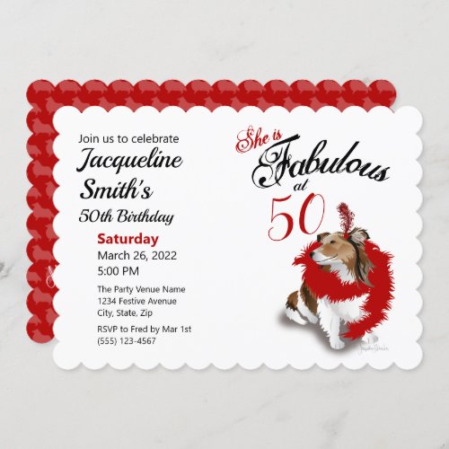 50 and Fabulous Birthday Sheltie Dog Red Invitation