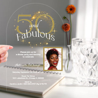 50 and Fabulous Birthday Single Photo White Gold Acrylic Invitations