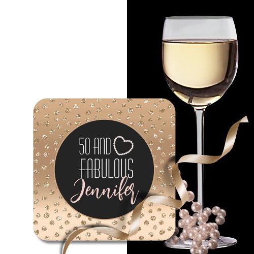 50 and Fabulous Birthday Sparkle Gold Black Blush  Square Paper Coaster