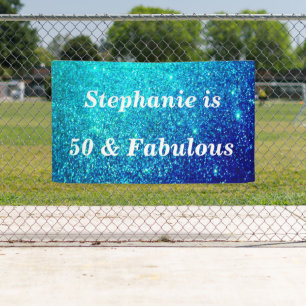 50 And Fabulous Birthday Teal Blue Glitter Sparkly Banner