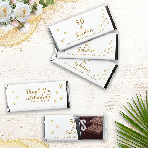 50 and Fabulous Birthday Thank You White and Gold Hershey Bar Favors
