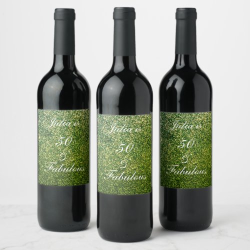 50 And Fabulous Birthday White Green Glitter Cool Wine Label