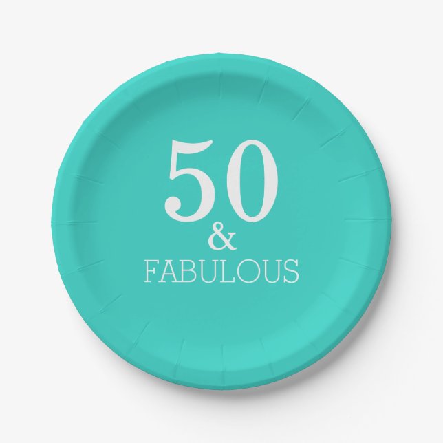 50 And Fabulous Birthday White Turquoise Blue Paper Plates (Front)