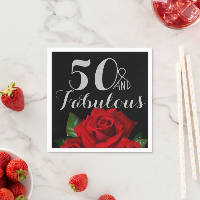 50 and Fabulous Birthday with Red Roses Paper Napkins (Insitu)
