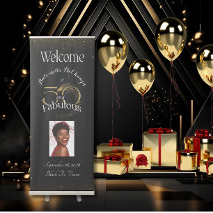 50 and Fabulous Black and Gold 50th Birthday Party Retractable Banner