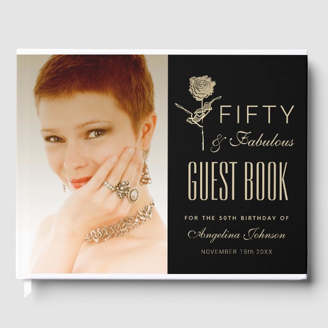 50 and Fabulous Black and Gold 50th Birthday Photo Guest Book (Front)