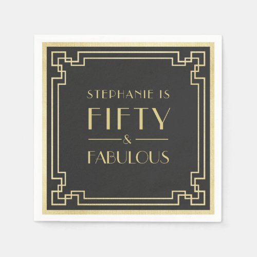50 and Fabulous Black and Gold Art Deco Birthday Napkins