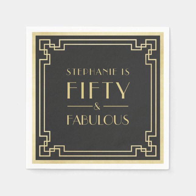 50 and Fabulous Black and Gold Art Deco Birthday Napkins (Front)
