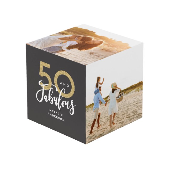 50 and fabulous black and gold birthday  cube (Front Angled)