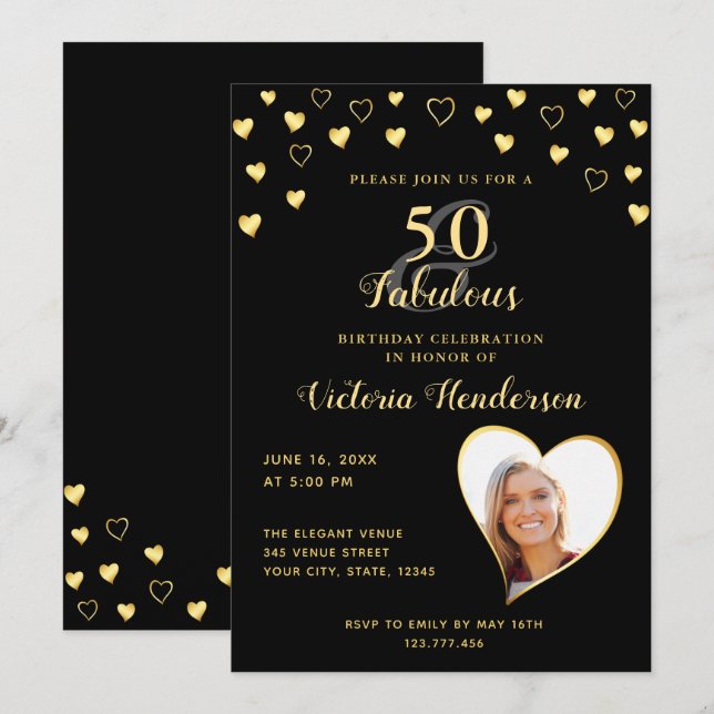50 and Fabulous Black and Gold Birthday Invitation (Front/Back)