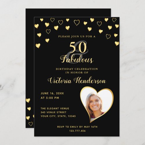 50 and Fabulous Black and Gold Birthday Invitation