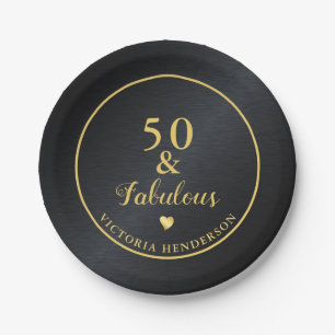 50 and Fabulous Black and Gold Birthday Paper Plates