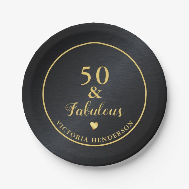 50 and Fabulous Black and Gold Birthday Paper Plates (Front)