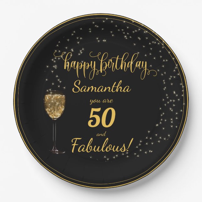 50 and Fabulous Black and Gold Birthday Paper Plates (Front)