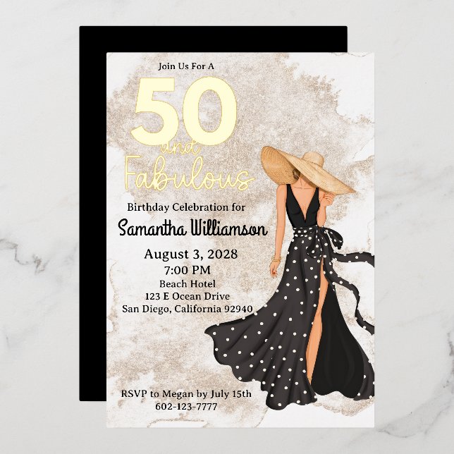50 and Fabulous Black and Gold Birthday Party Foil Invitation (Front/Back)