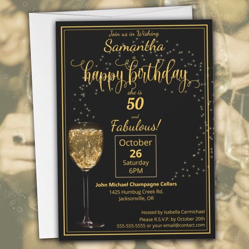 50 and Fabulous Black and Gold Birthday Party Invitation