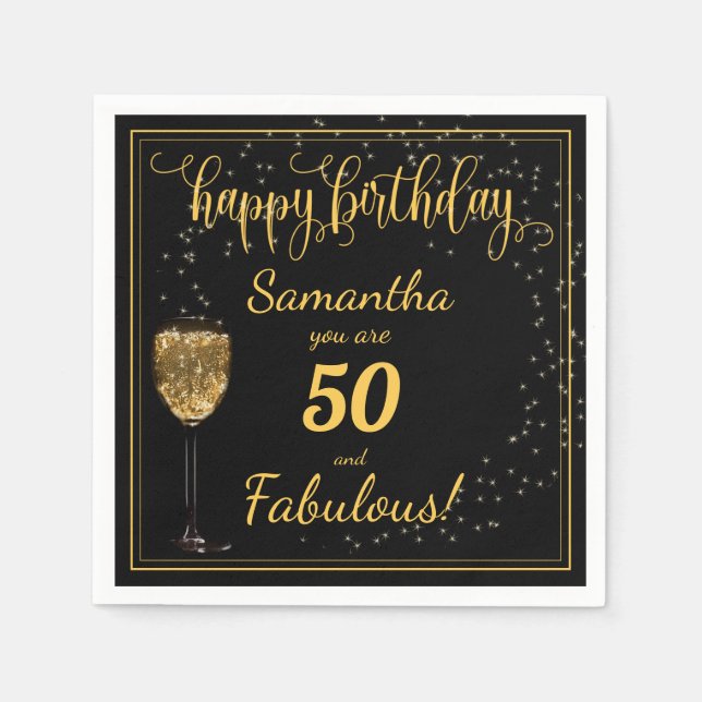 50 and Fabulous Black and Gold Birthday Template Napkins (Front)