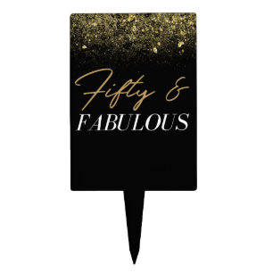 50 and Fabulous Black and Gold Glitter Cake Topper