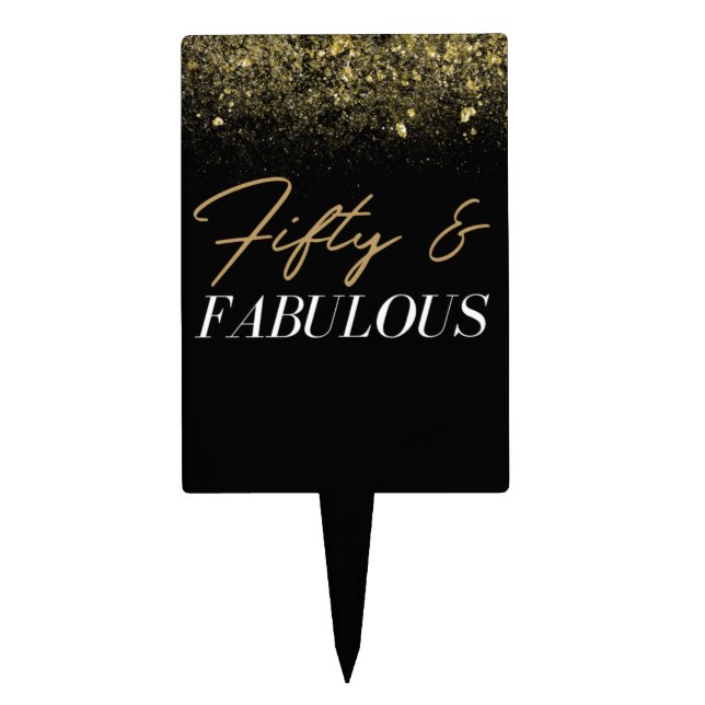 50 and Fabulous Black and Gold Glitter Cake Topper (Front)