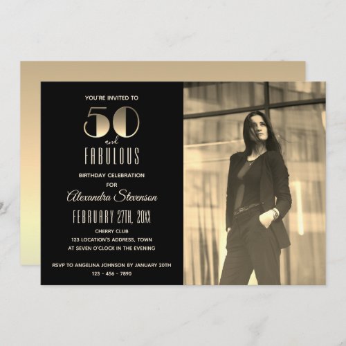 50 and Fabulous Black and Gold Photo 50th Birthday Invitation