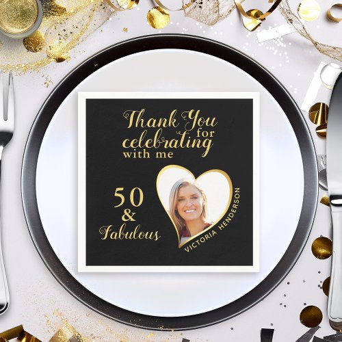 50 and Fabulous Black and Gold Photo Birthday Napkins