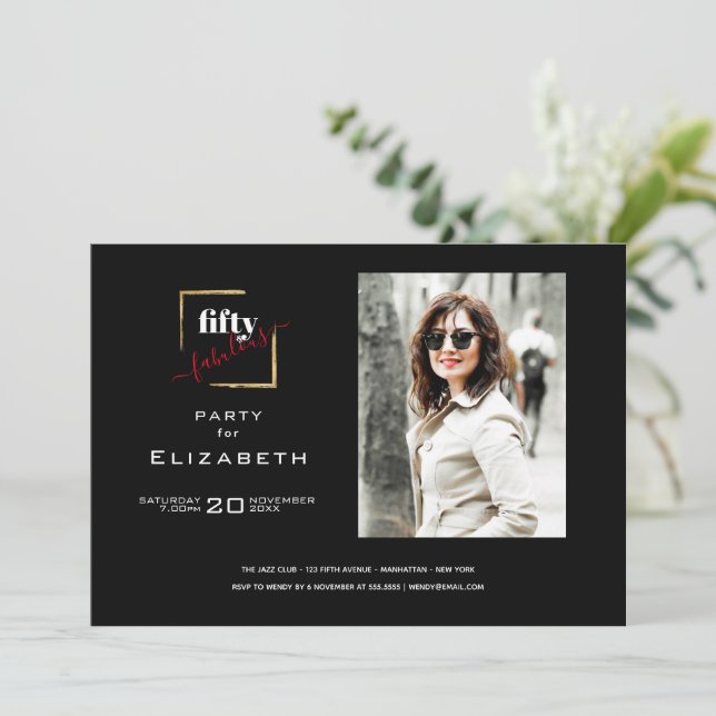 50 and Fabulous Black and Gold Photo Invitation (Standing Front)