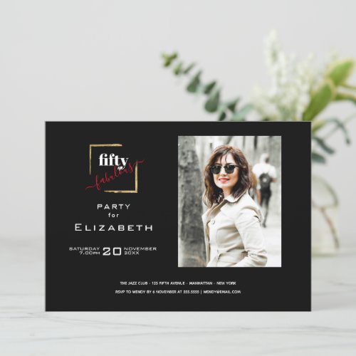 50 and Fabulous Black and Gold Photo Invitation