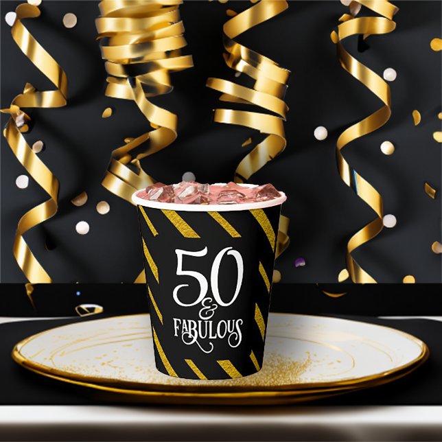 50 and Fabulous black and gold striped Paper Cups (Creator Uploaded)