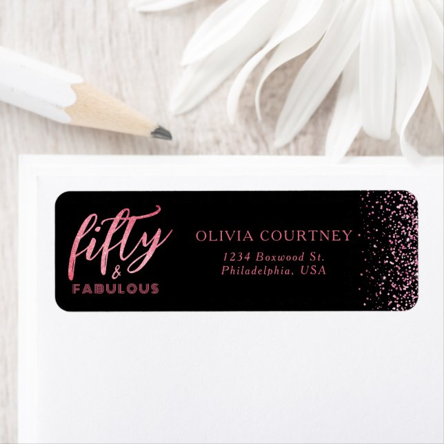 50 and Fabulous Black and Pink Glitter Birthday Label (Insitu)