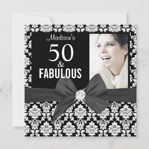 50 and Fabulous black damask Photo  50th Birthday Invitation