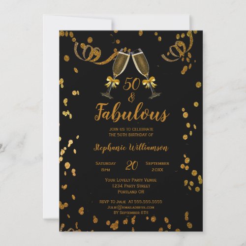 50 and Fabulous Black Faux Gold Glitter Birthday Invitation