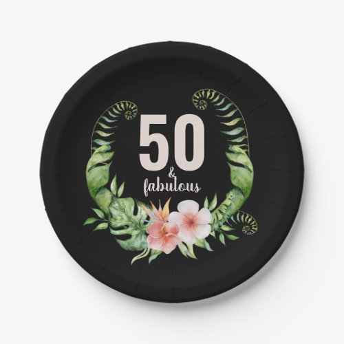 50 and fabulous black floral script birthday paper plates