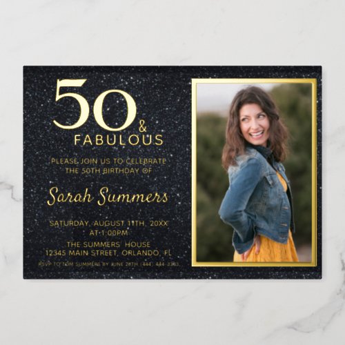 50 and Fabulous Black Gold Birthday Foil Invitation