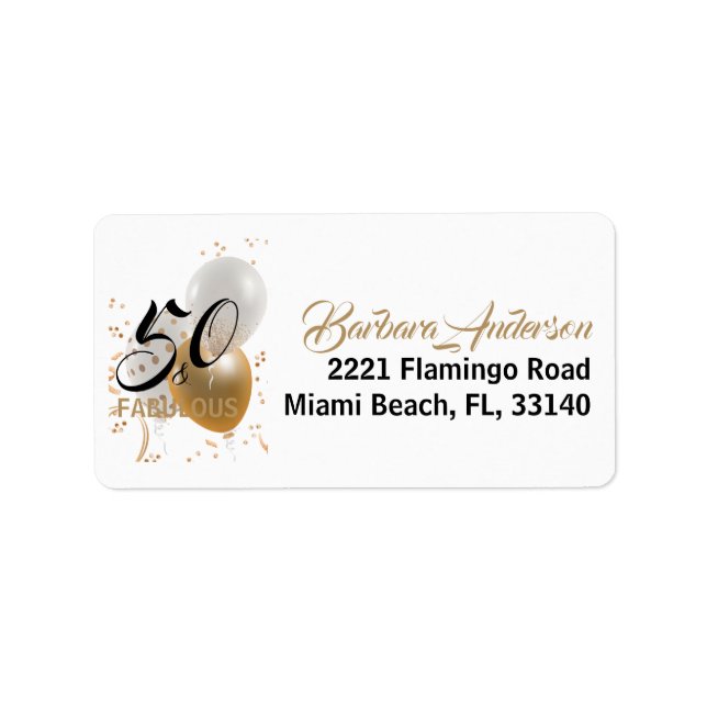 50 and Fabulous Black Gold Birthday Party Balloons Label (Front)