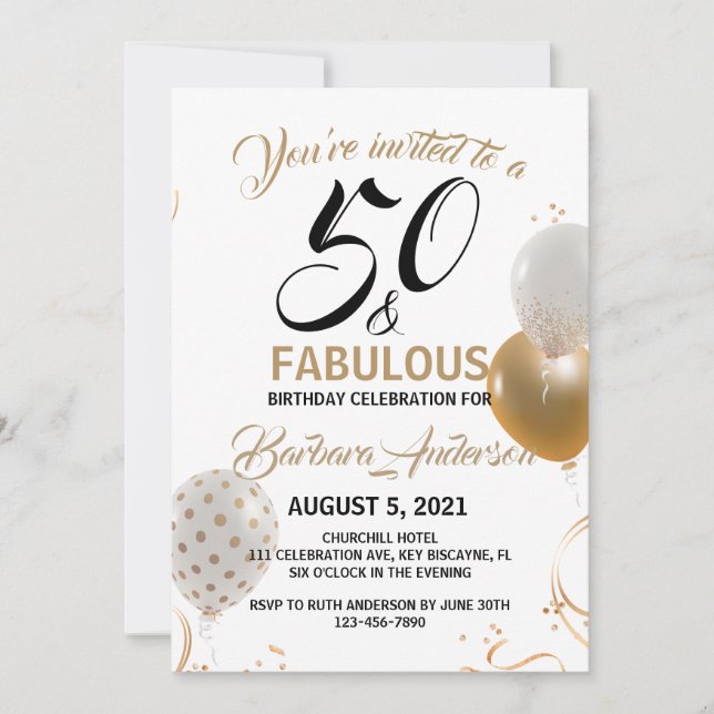 50 and Fabulous Black Gold Birthday Party Invitation (Front)