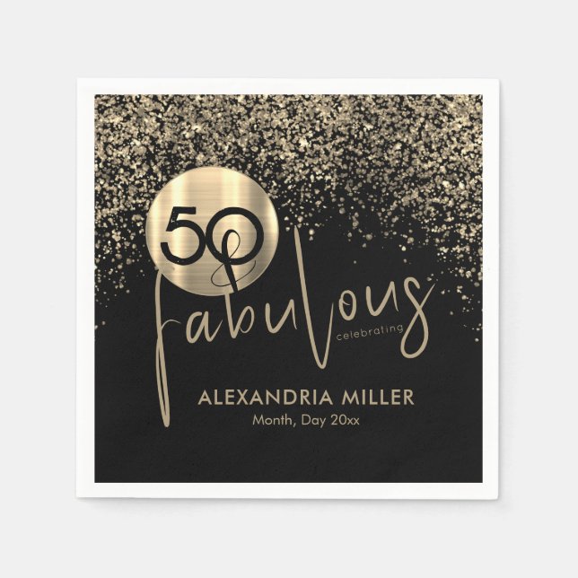 50 and Fabulous Black Gold Birthday Party Napkins (Front)