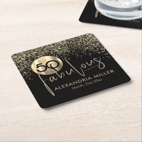 50 and Fabulous Black Gold Birthday Party Square Paper Coaster