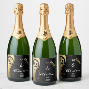 50 and Fabulous Black & Gold Birthday Sparkling Wine Label